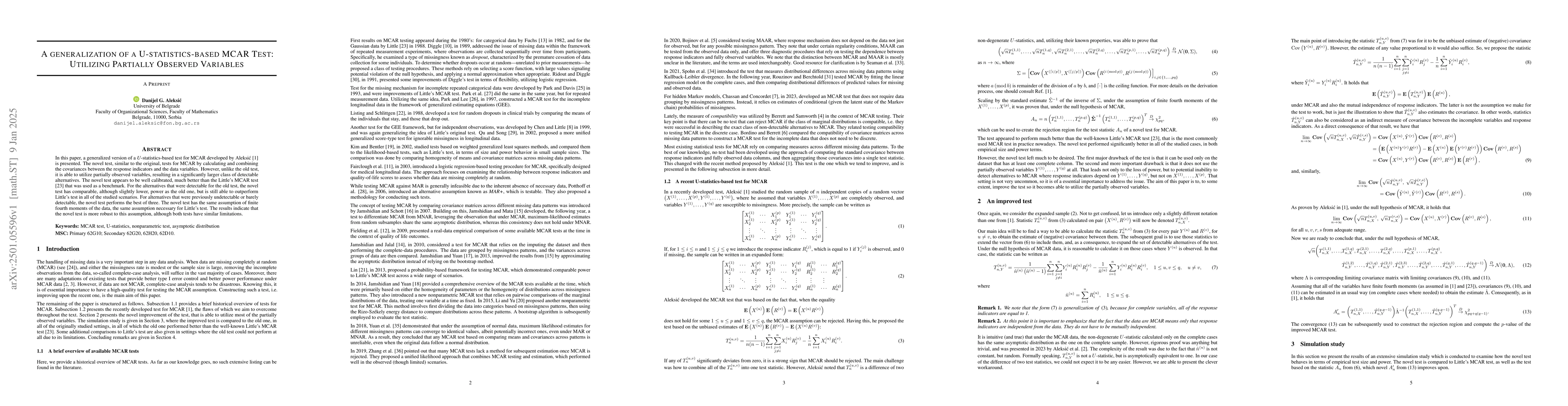Thumbnail for A generalization of a U-statistics-based MCAR Test: Utilizing Partially
  Observed Variables