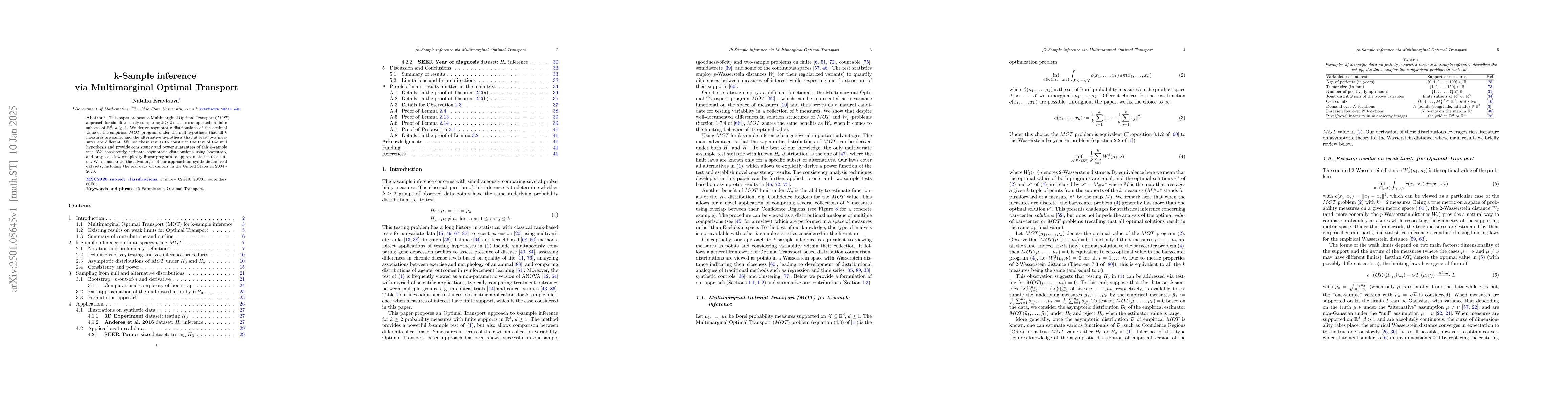 Thumbnail for k-Sample inference via Multimarginal Optimal Transport