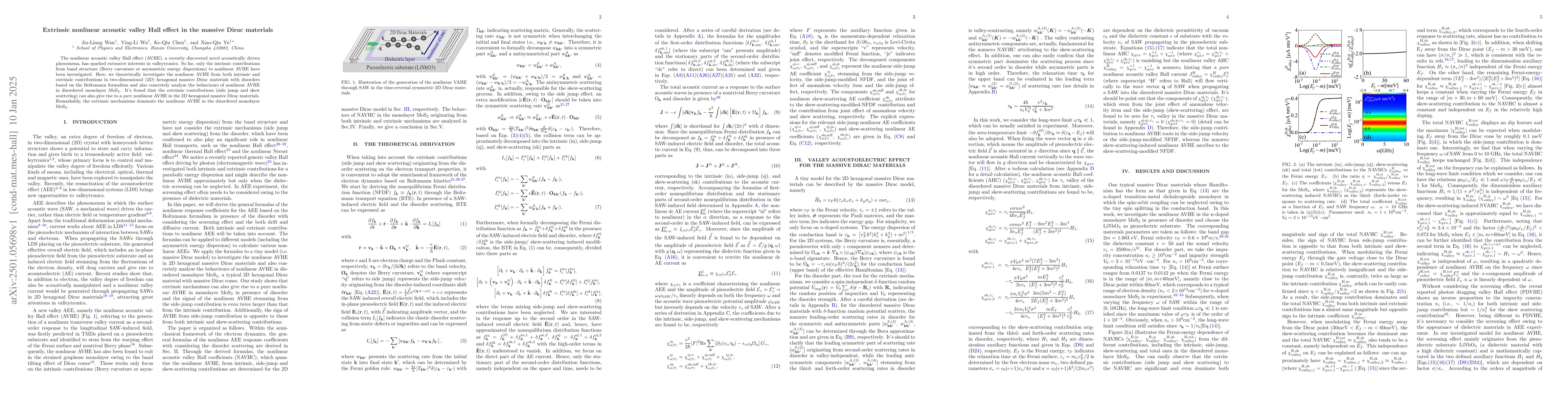Thumbnail for Extrinsic nonlinear acoustic valley Hall effect in the massive Dirac
  materials