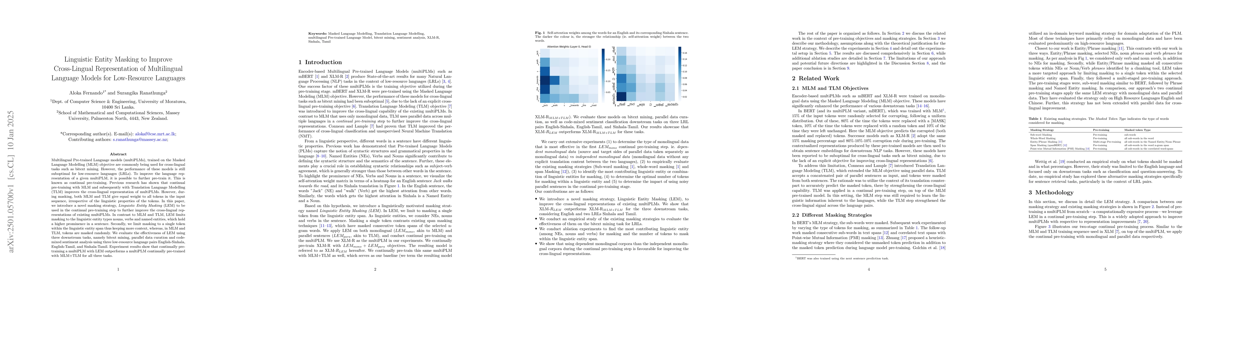 Thumbnail for Linguistic Entity Masking to Improve Cross-Lingual Representation of
  Multilingual Language Models for Low-Resource Languages