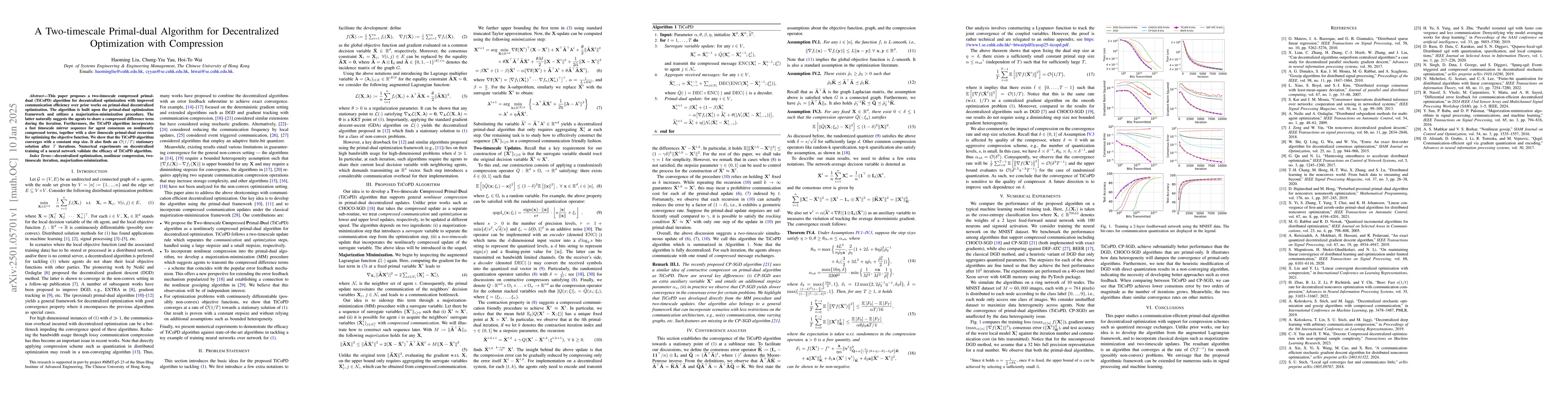 Thumbnail for A Two-timescale Primal-dual Algorithm for Decentralized Optimization
  with Compression