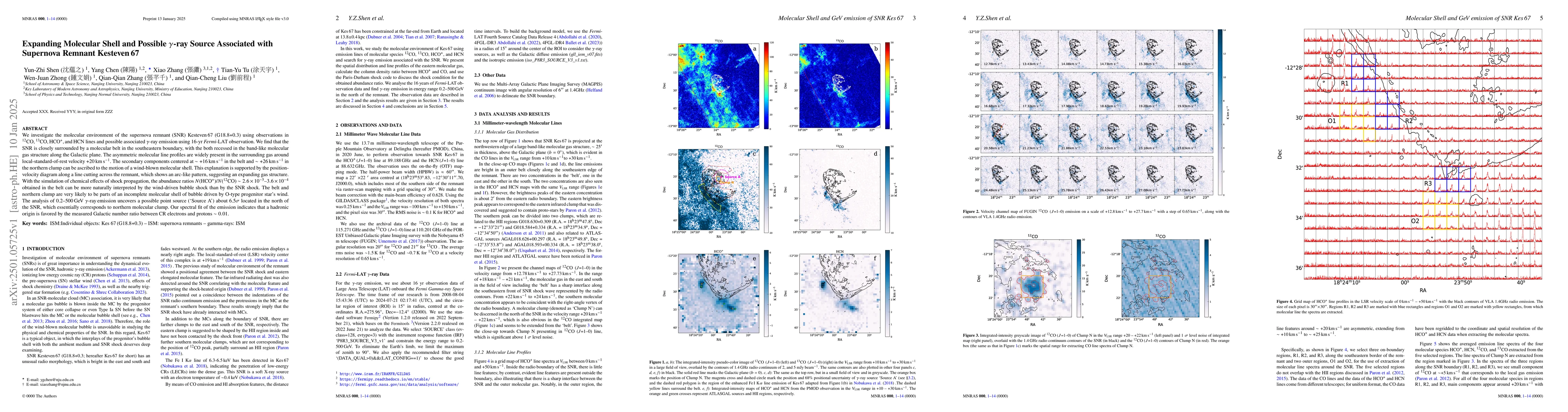 Thumbnail for Expanding Molecular Shell and Possible γ-ray Source Associated
  with Supernova Remnant Kesteven 67