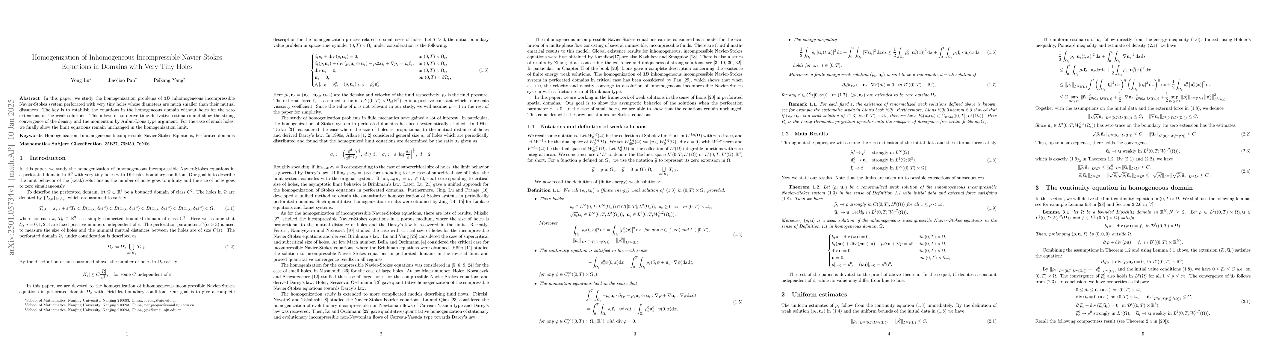 Thumbnail for Homogenization of Inhomogeneous Incompressible Navier-Stokes Equations
  in Domains with Very Tiny Holes
