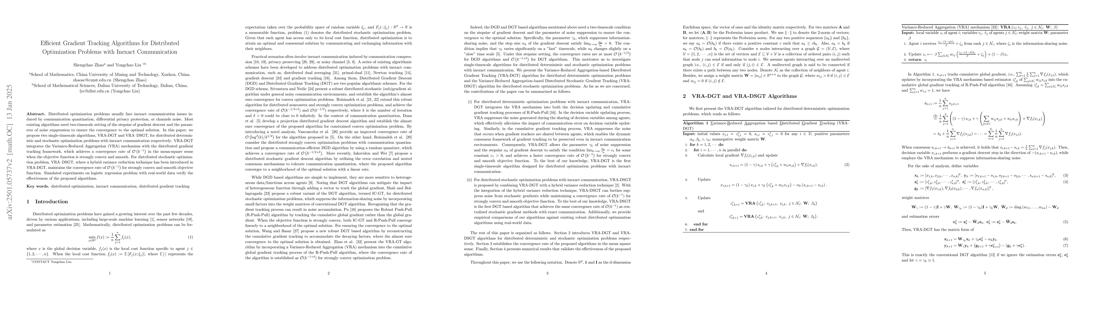 Thumbnail for Efficient Gradient Tracking Algorithms for Distributed Optimization
  Problems with Inexact Communication