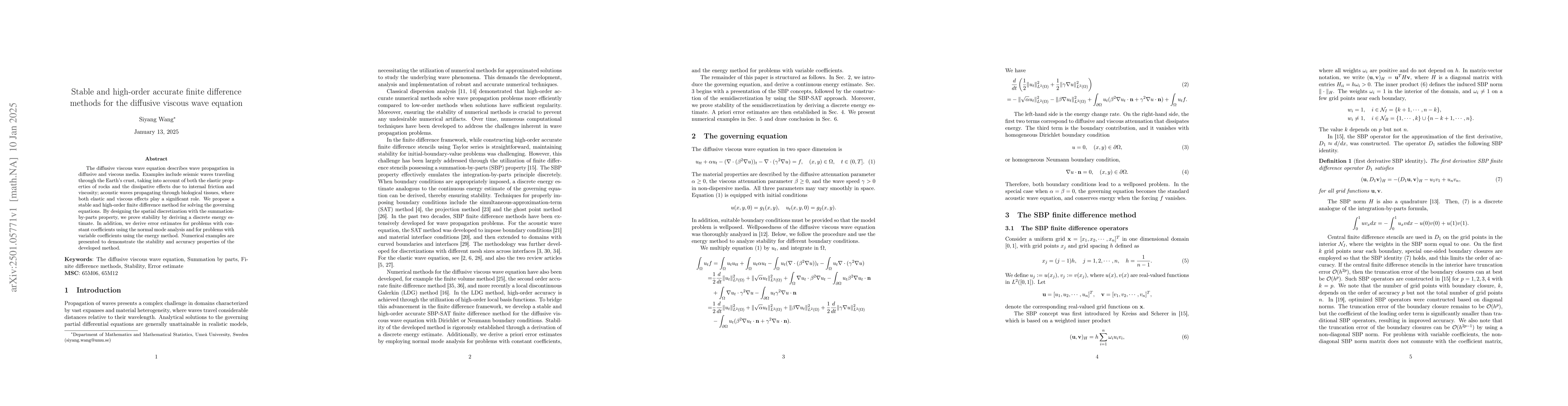 Thumbnail for Stable and high-order accurate finite difference methods for the
  diffusive viscous wave equation