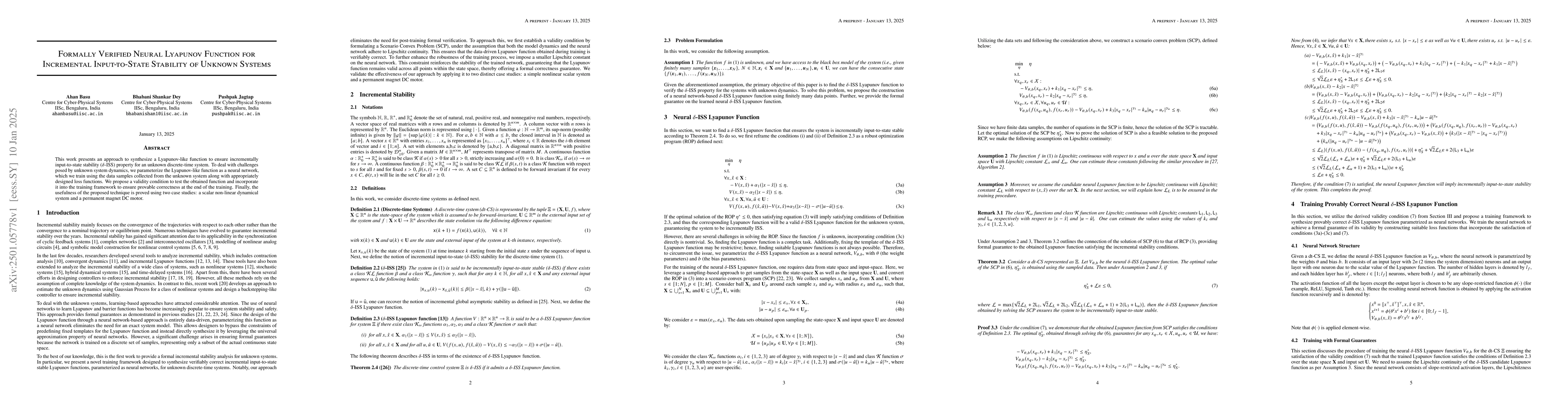 Thumbnail for Formally Verified Neural Lyapunov Function for Incremental
  Input-to-State Stability of Unknown Systems
