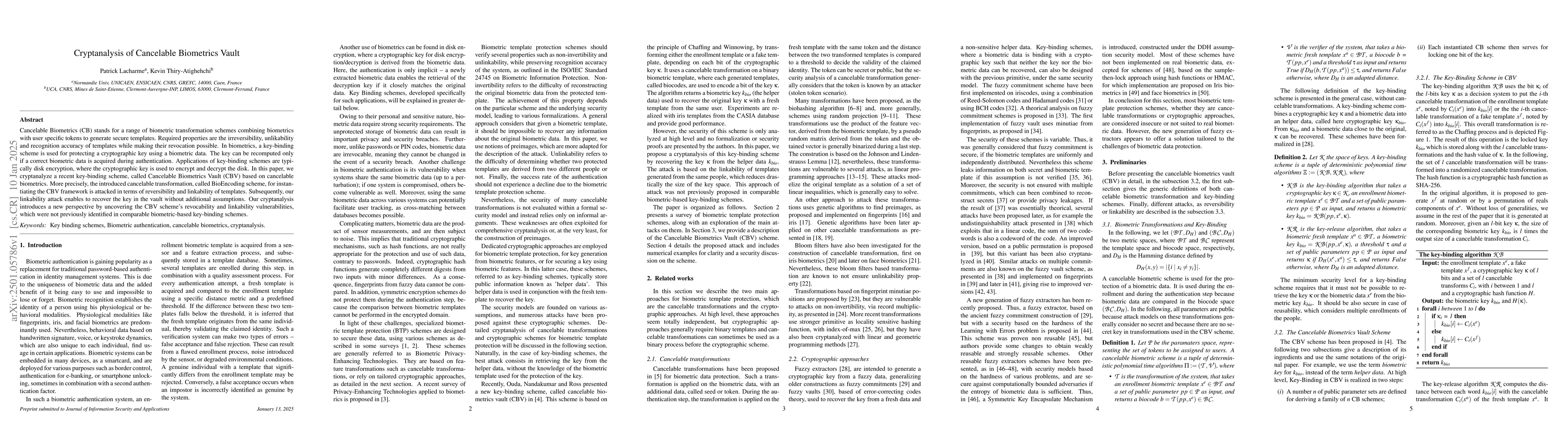 Thumbnail for Cryptanalysis of Cancelable Biometrics Vault