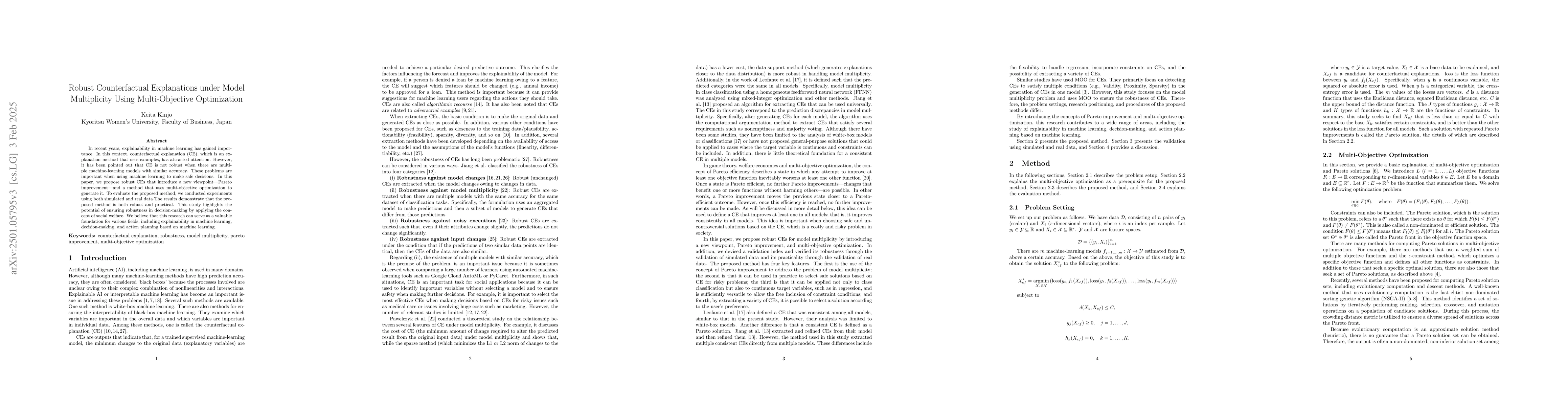 Thumbnail for Robust Counterfactual Explanations under Model Multiplicity Using
  Multi-Objective Optimization