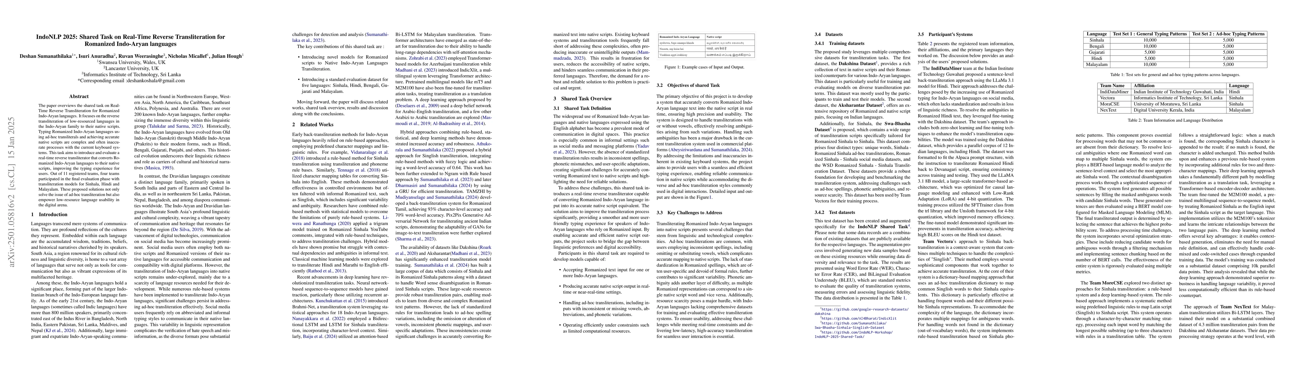 Thumbnail for IndoNLP 2025: Shared Task on Real-Time Reverse Transliteration for
  Romanized Indo-Aryan languages