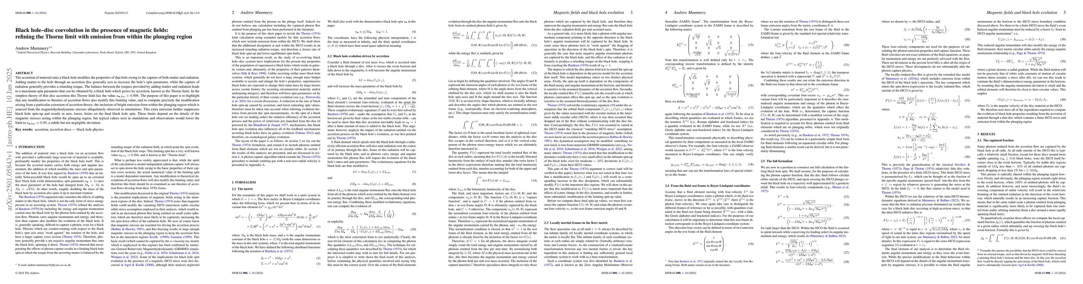 Thumbnail for Black hole-disc coevolution in the presence of magnetic fields: refining
  the Thorne limit with emission from within the plunging region