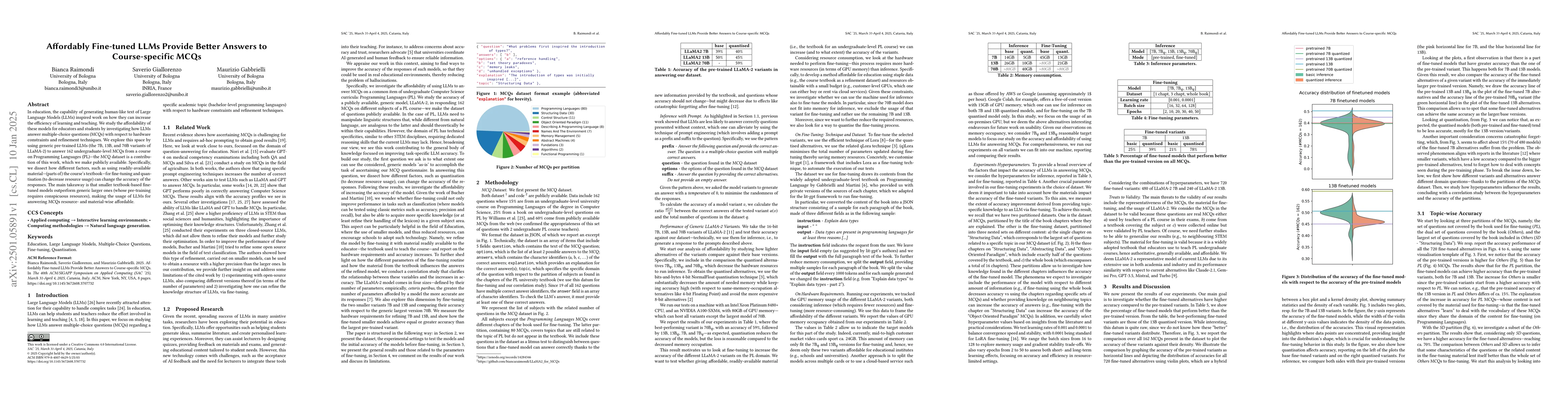 Thumbnail for Affordably Fine-tuned LLMs Provide Better Answers to Course-specific
  MCQs