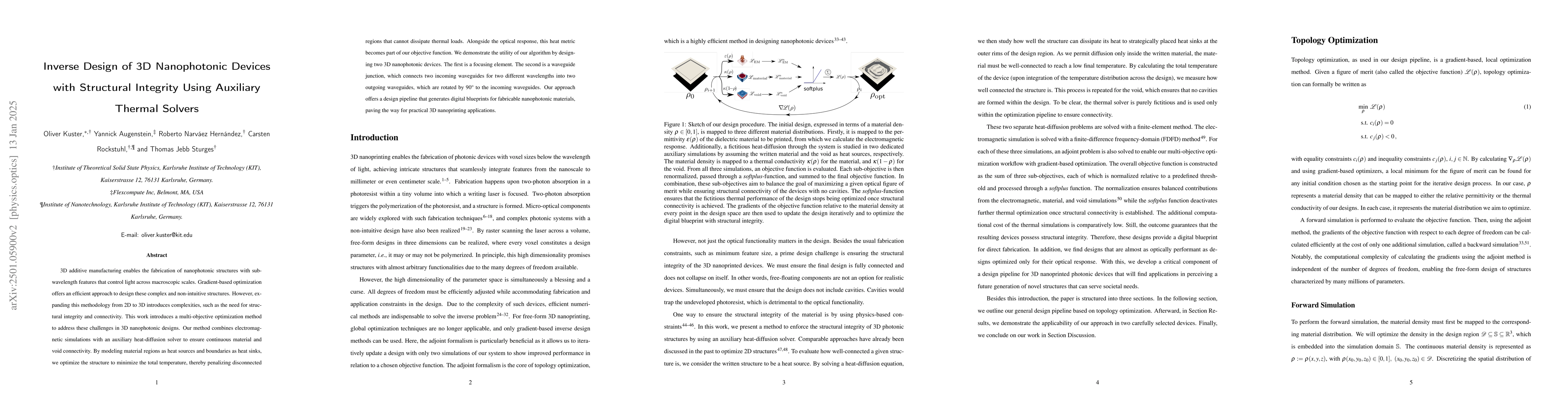 Thumbnail for Inverse Design of 3D Nanophotonic Devices with Structural Integrity
  Using Auxiliary Thermal Solvers