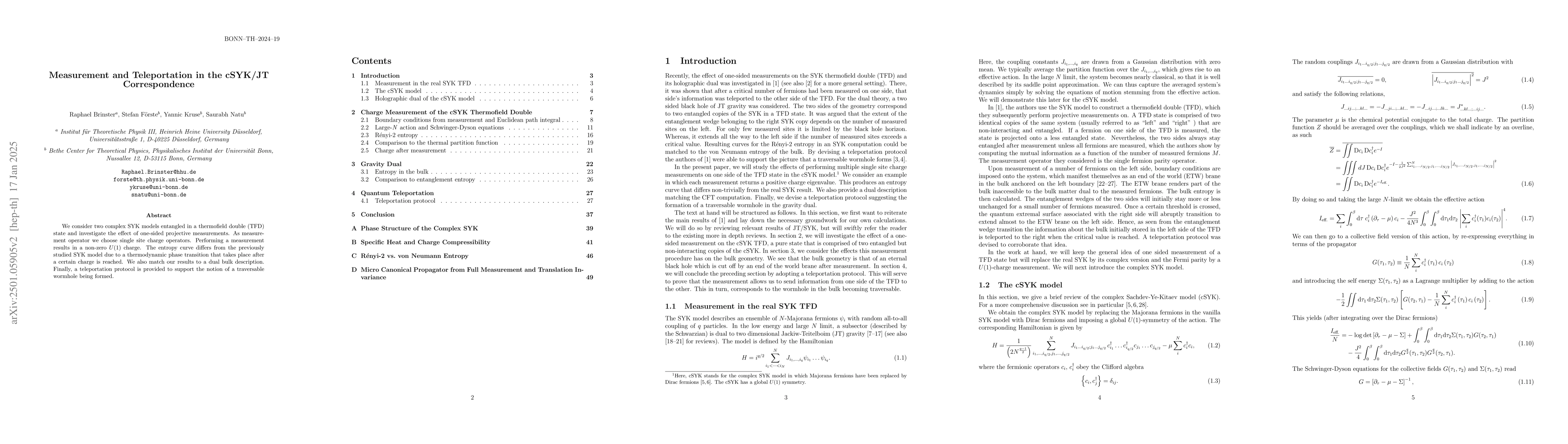 Thumbnail for Measurement and Teleportation in the cSYK/JT Correspondence