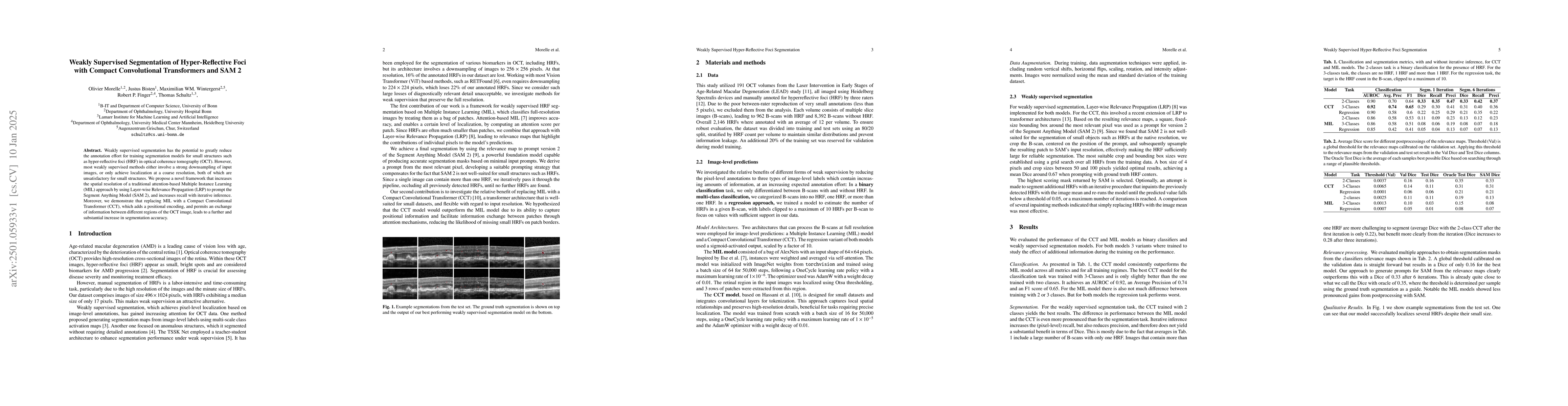 Thumbnail for Weakly Supervised Segmentation of Hyper-Reflective Foci with Compact
  Convolutional Transformers and SAM2