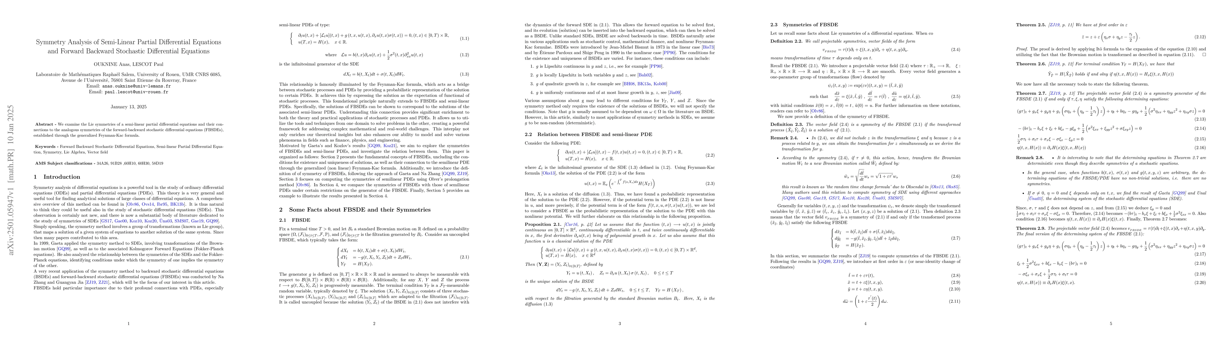 Thumbnail for Symmetry Analysis of Semi-Linear Partial Differential Equations and
  Forward Backward Stochastic Differential Equations