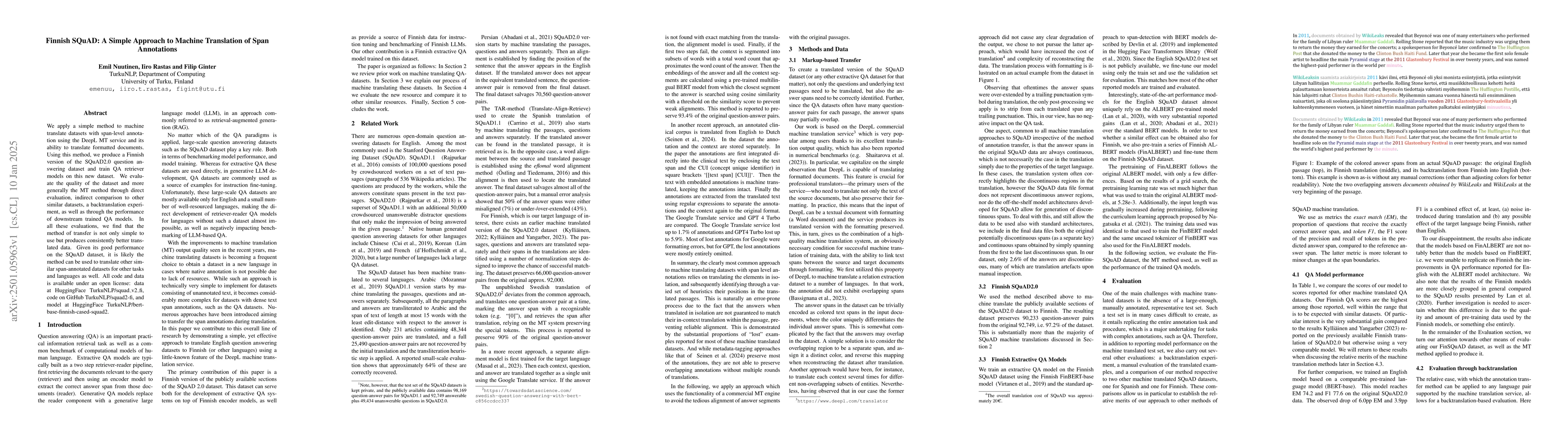 Thumbnail for Finnish SQuAD: A Simple Approach to Machine Translation of Span
  Annotations