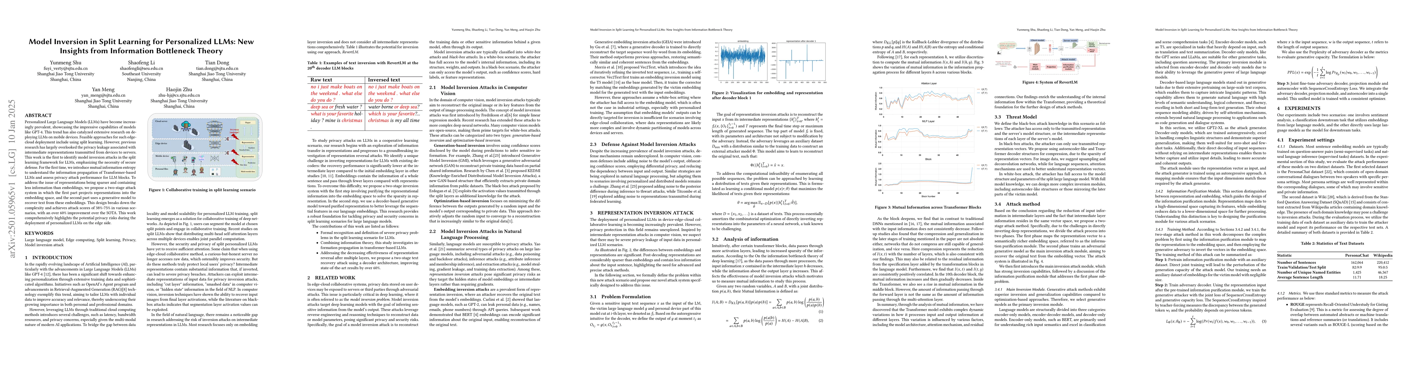 Thumbnail for Model Inversion in Split Learning for Personalized LLMs: New Insights
  from Information Bottleneck Theory