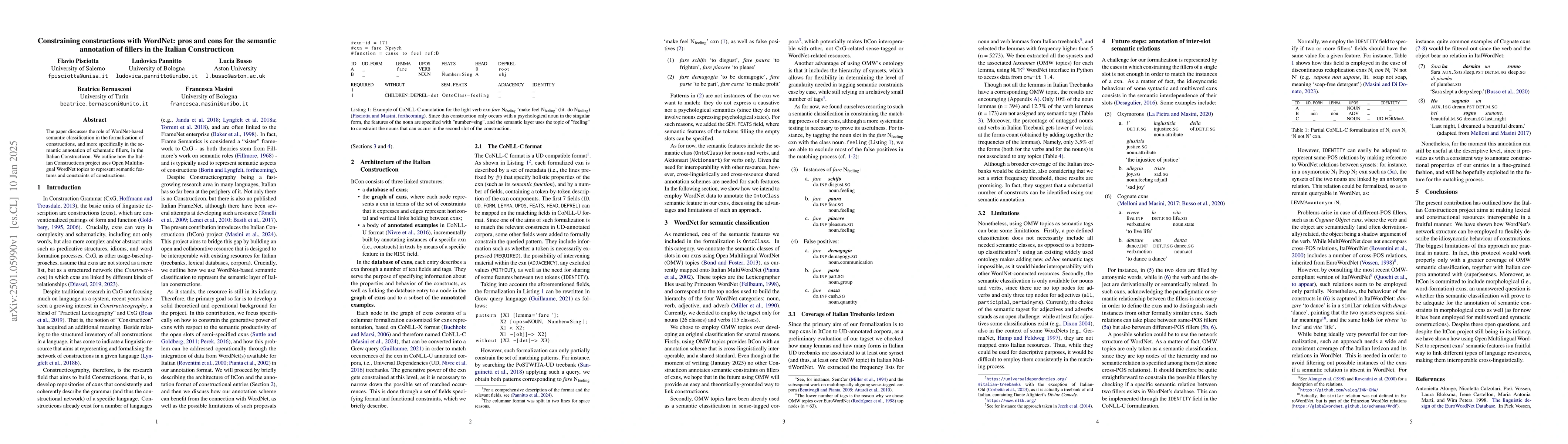 Thumbnail for Constraining constructions with WordNet: pros and cons for the semantic
  annotation of fillers in the Italian Constructicon