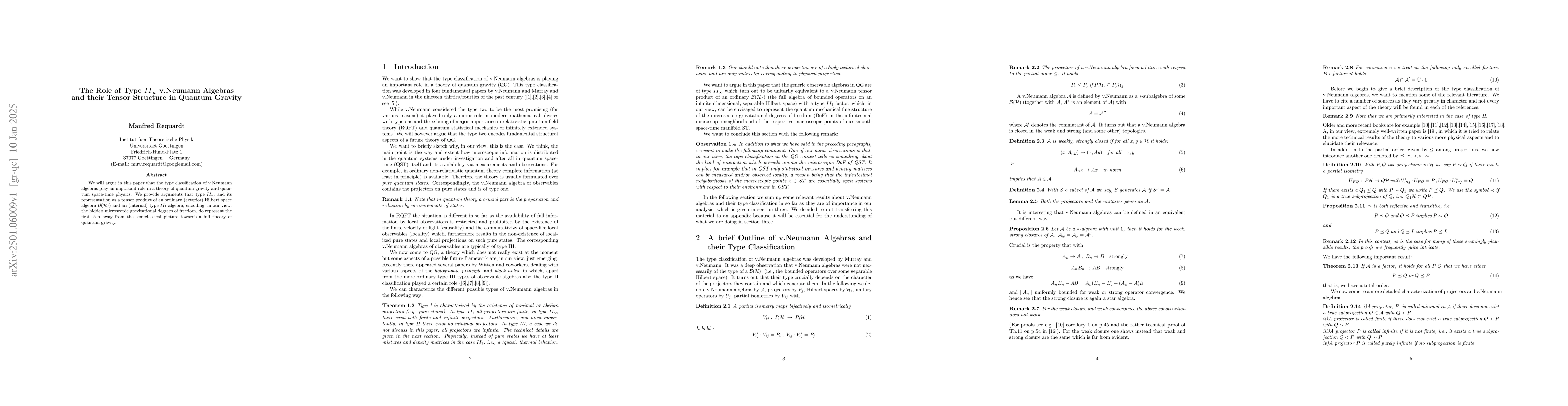 Thumbnail for The Role of Type $II_{\infty}$ v.Neumann Algebras and their Tensor
  Structure in Quantum Gravity}}