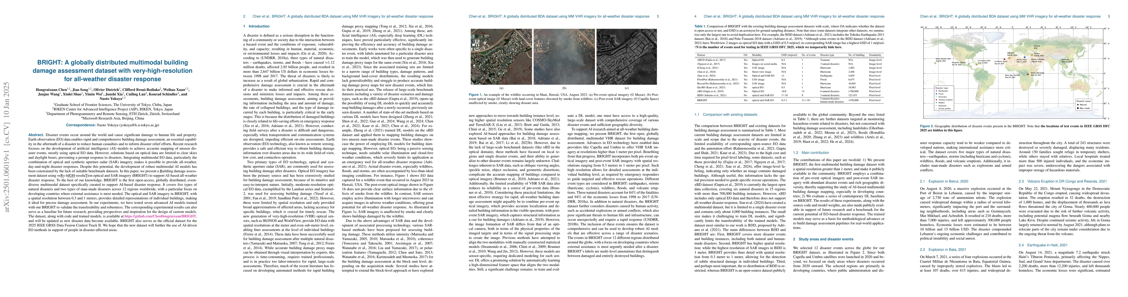Thumbnail for BRIGHT: A globally distributed multimodal building damage assessment
  dataset with very-high-resolution for all-weather disaster response