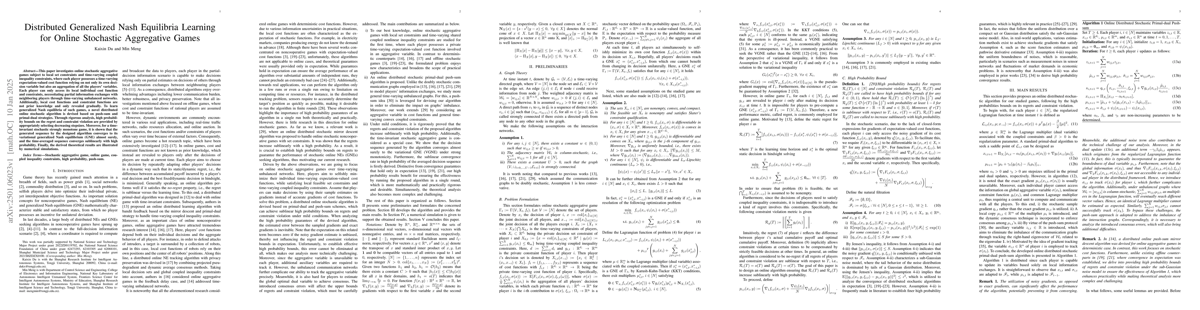 Thumbnail for Distributed Generalized Nash Equilibria Learning for Online Stochastic
  Aggregative Games