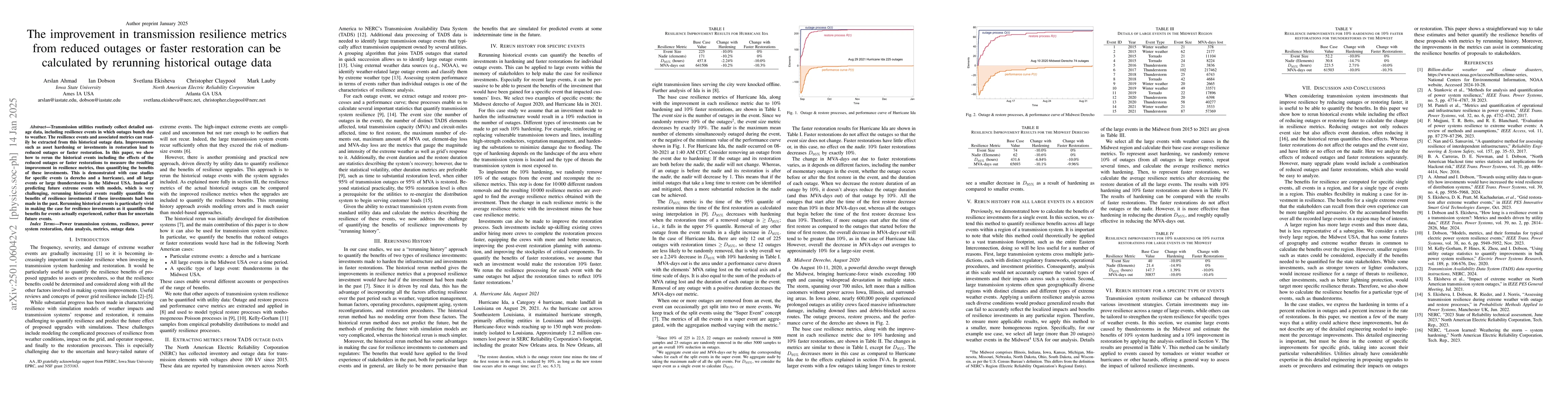 Thumbnail for The improvement in transmission resilience metrics from reduced outages
  or faster restoration can be calculated by rerunning historical outage data