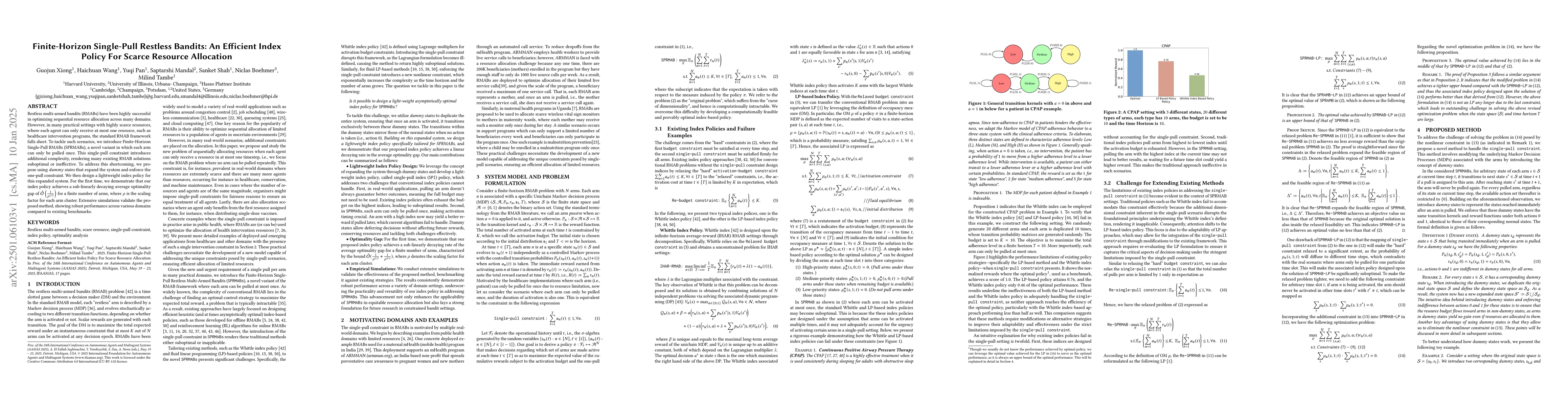 Thumbnail for Finite-Horizon Single-Pull Restless Bandits: An Efficient Index Policy
  For Scarce Resource Allocation