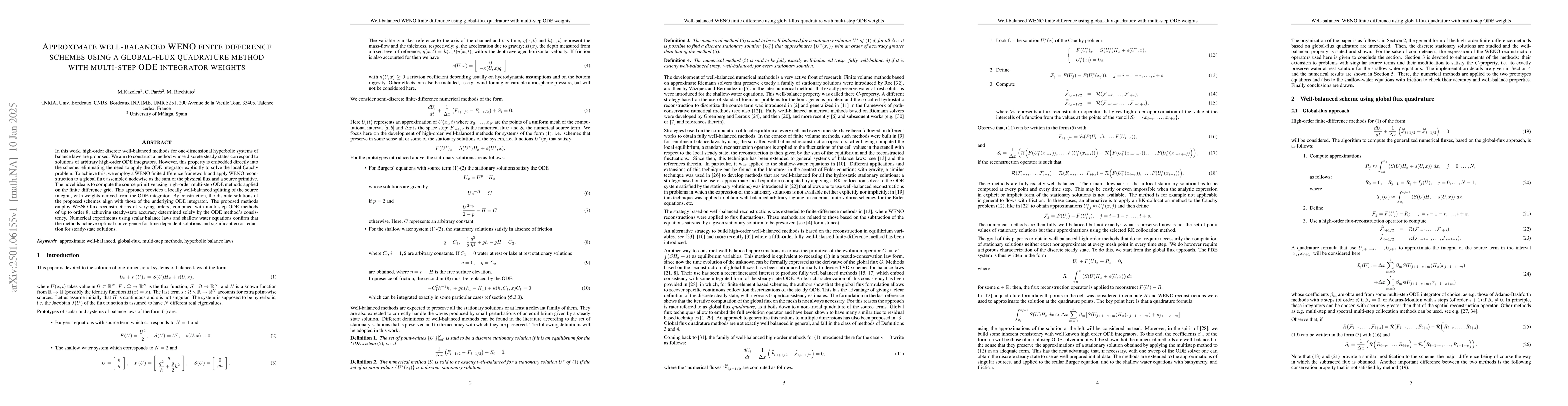 Thumbnail for Approximate well-balanced WENO finite difference schemes using a
  global-flux quadrature method with multi-step ODE integrator weights