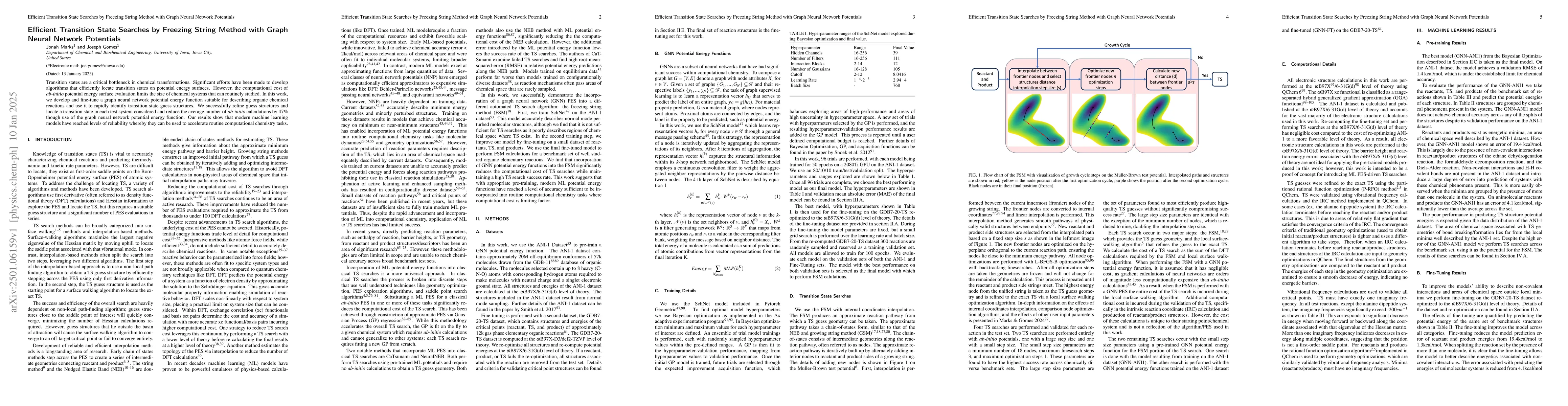Thumbnail for Efficient Transition State Searches by Freezing String Method with Graph
  Neural Network Potentials