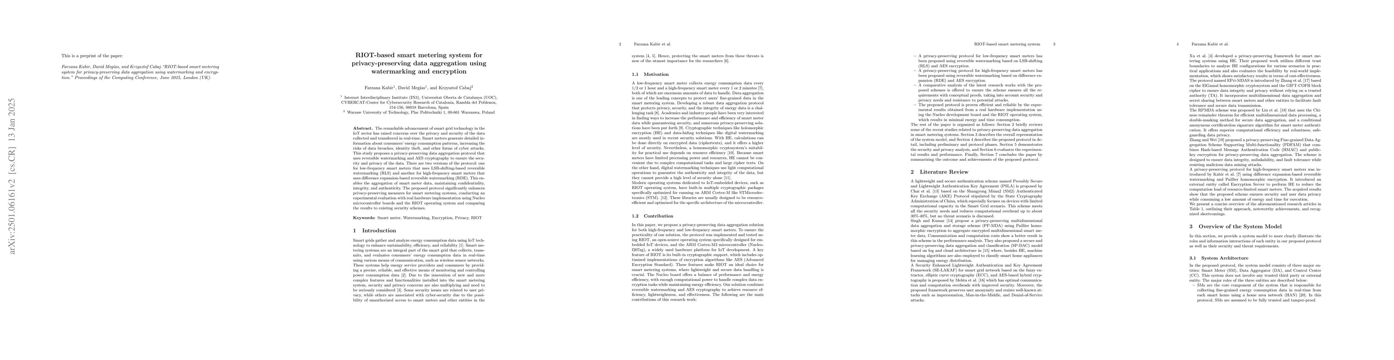 Thumbnail for RIOT-based smart metering system for privacy-preserving data aggregation
  using watermarking and encryption