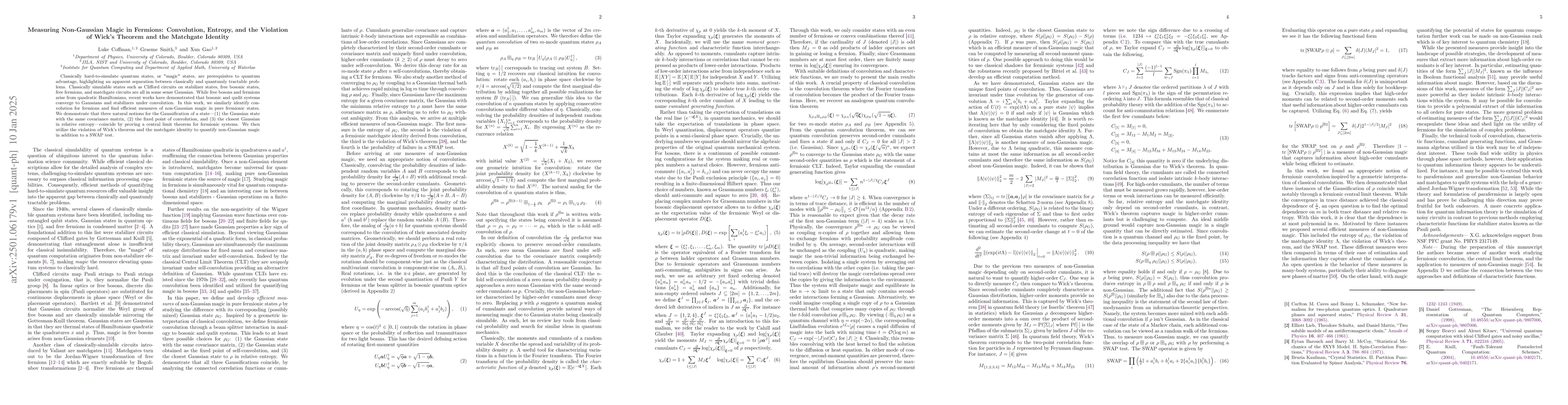 Thumbnail for Measuring Non-Gaussian Magic in Fermions: Convolution, Entropy, and the
  Violation of Wick's Theorem and the Matchgate Identity
