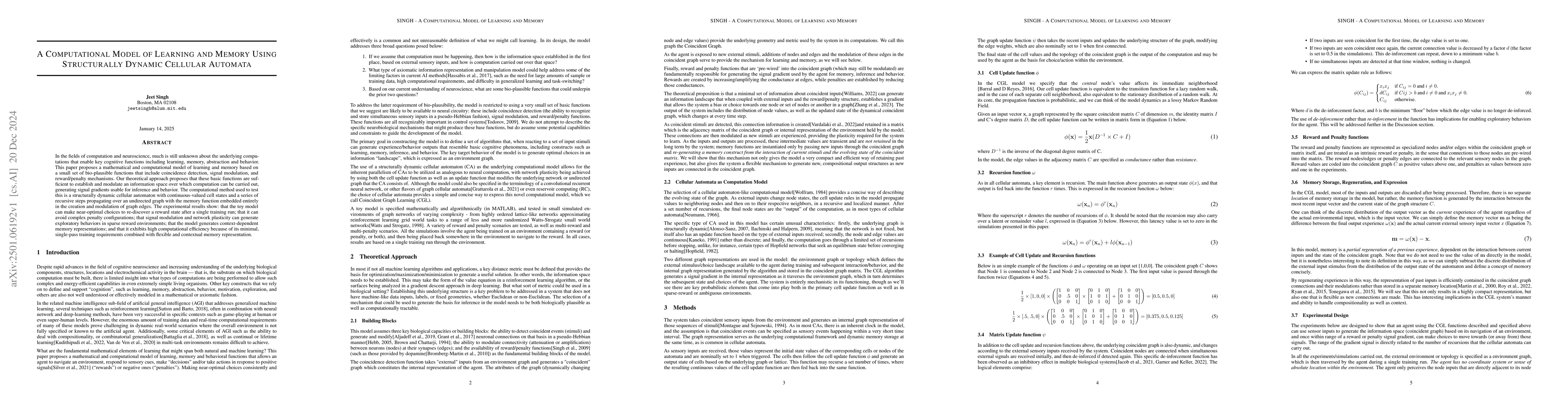 Thumbnail for A Computational Model of Learning and Memory Using Structurally Dynamic
  Cellular Automata