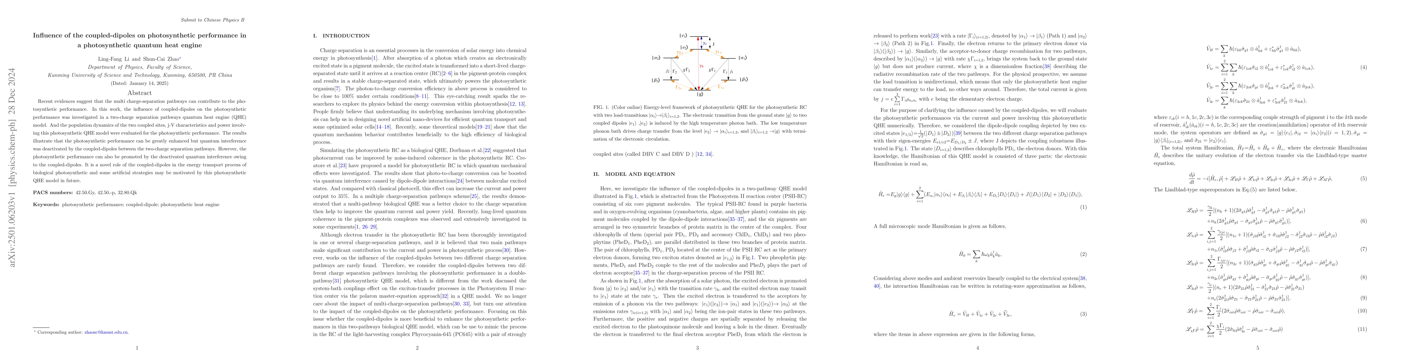 Thumbnail for Influence of the coupled-dipoles on photosynthetic performance in a
  photosynthetic quantum heat engine