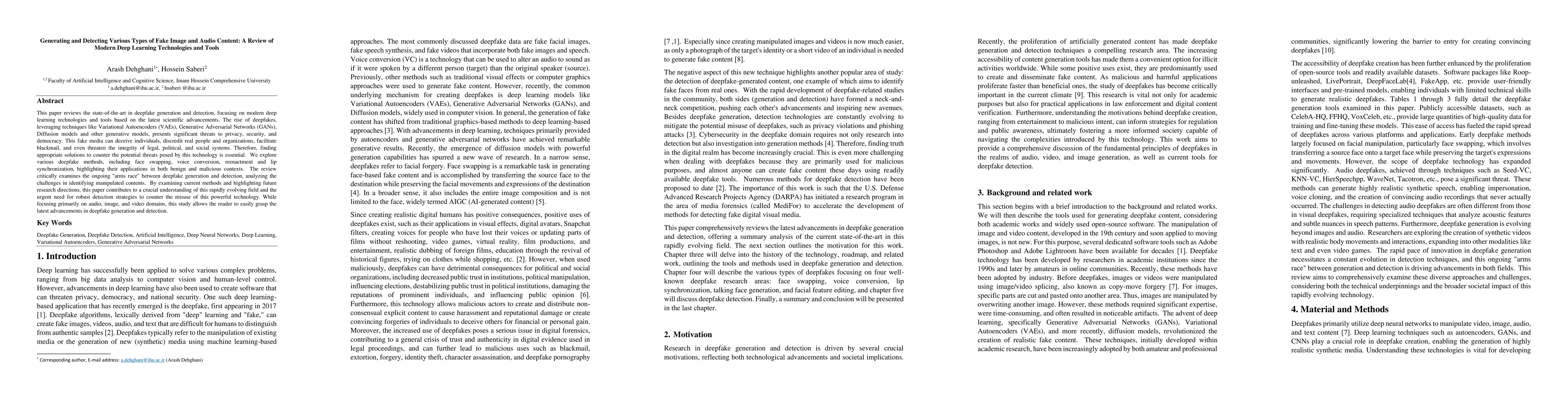 Thumbnail for Generating and Detecting Various Types of Fake Image and Audio Content:
  A Review of Modern Deep Learning Technologies and Tools