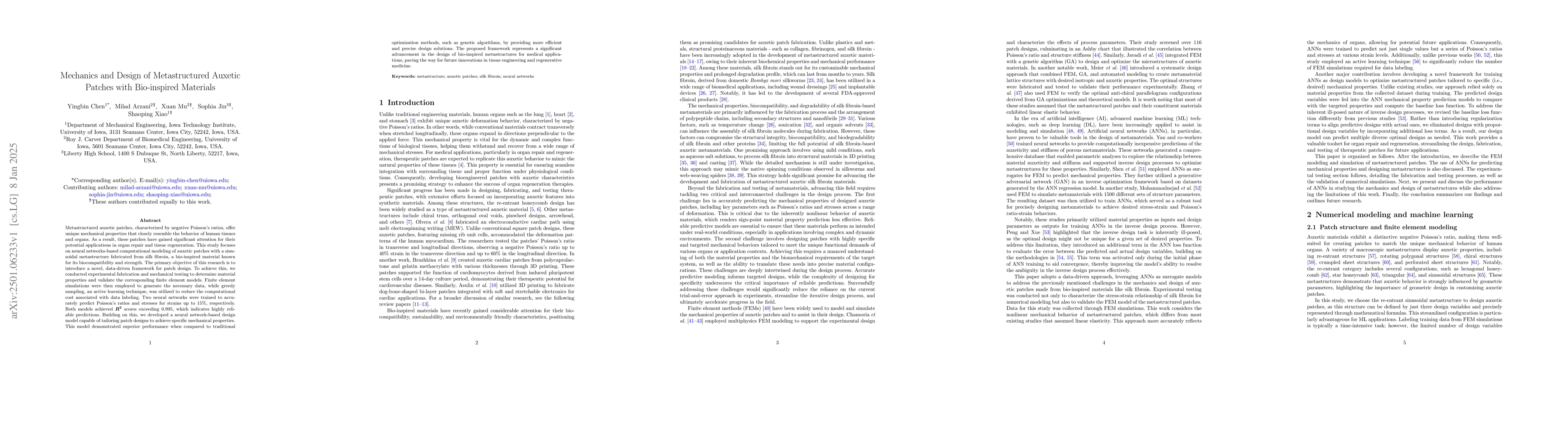 Thumbnail for Mechanics and Design of Metastructured Auxetic Patches with Bio-inspired
  Materials