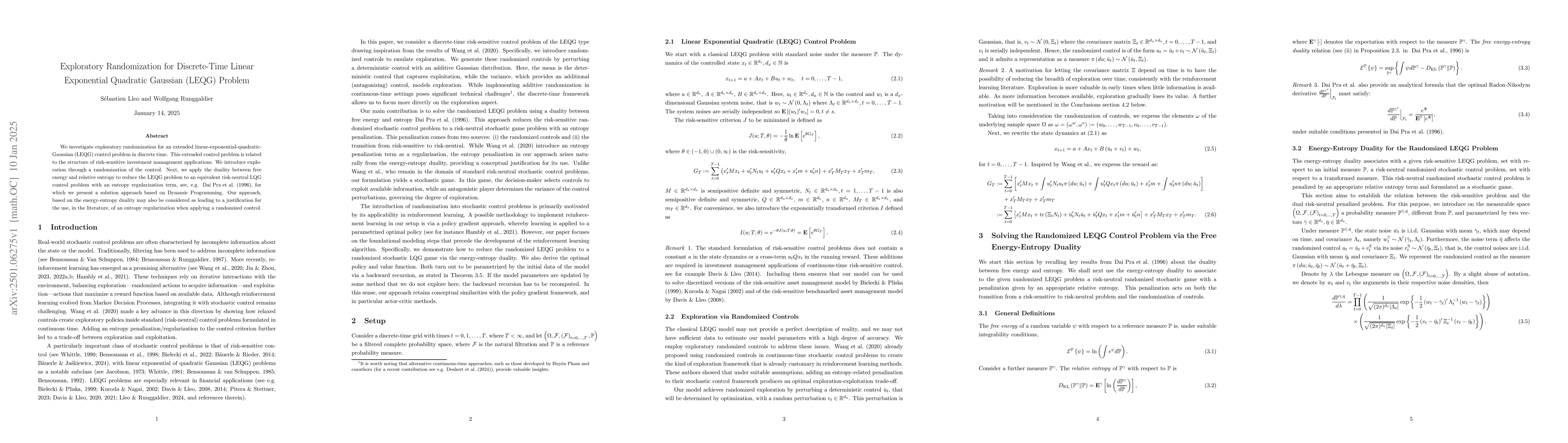 Thumbnail for Exploratory Randomization for Discrete-Time Linear Exponential Quadratic
  Gaussian (LEQG) Problem