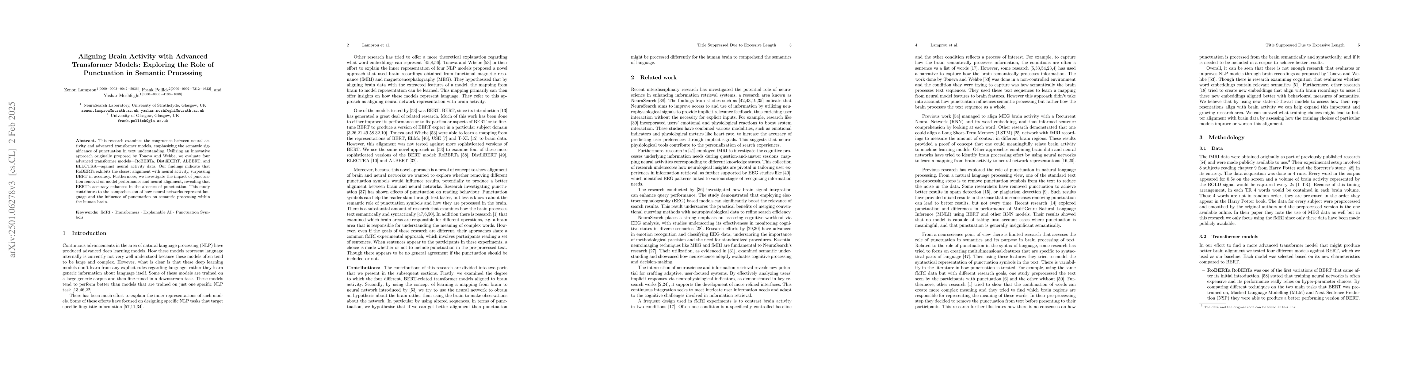 Thumbnail for Aligning Brain Activity with Advanced Transformer Models: Exploring the
  Role of Punctuation in Semantic Processing