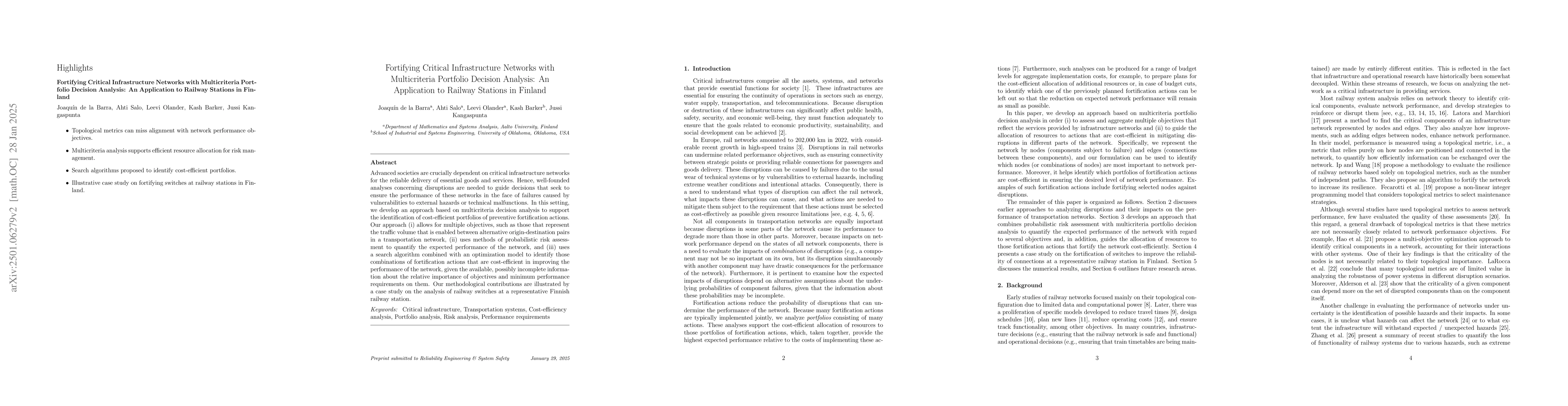 Thumbnail for Reinforcing Infrastructure Networks with Multicriteria Portfolio
  Decision Analysis: An Application to Railway Stations in Finland