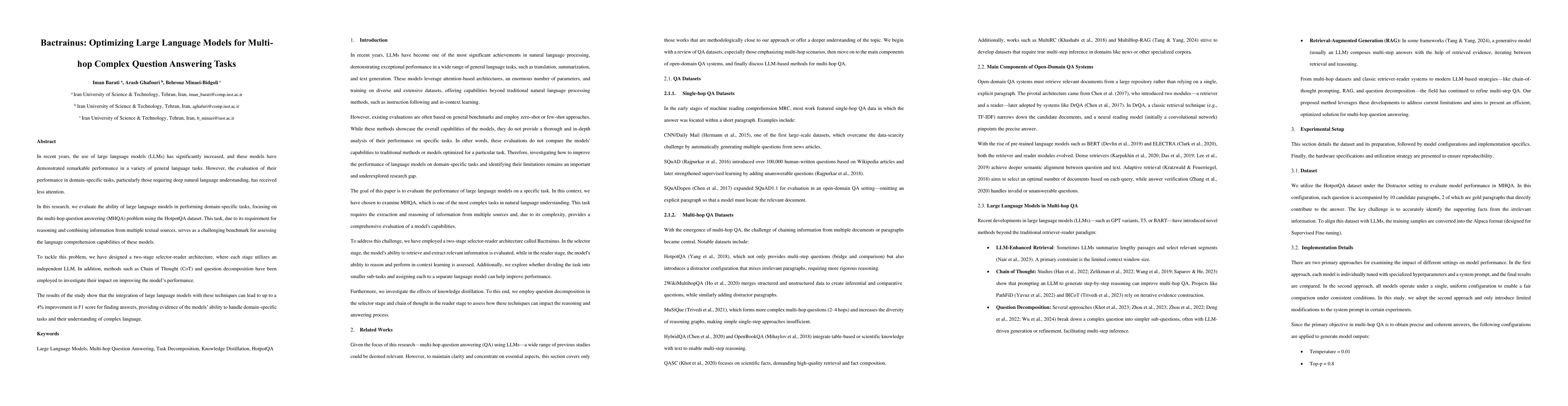 Thumbnail for Bactrainus: Optimizing Large Language Models for Multi-hop Complex
  Question Answering Tasks