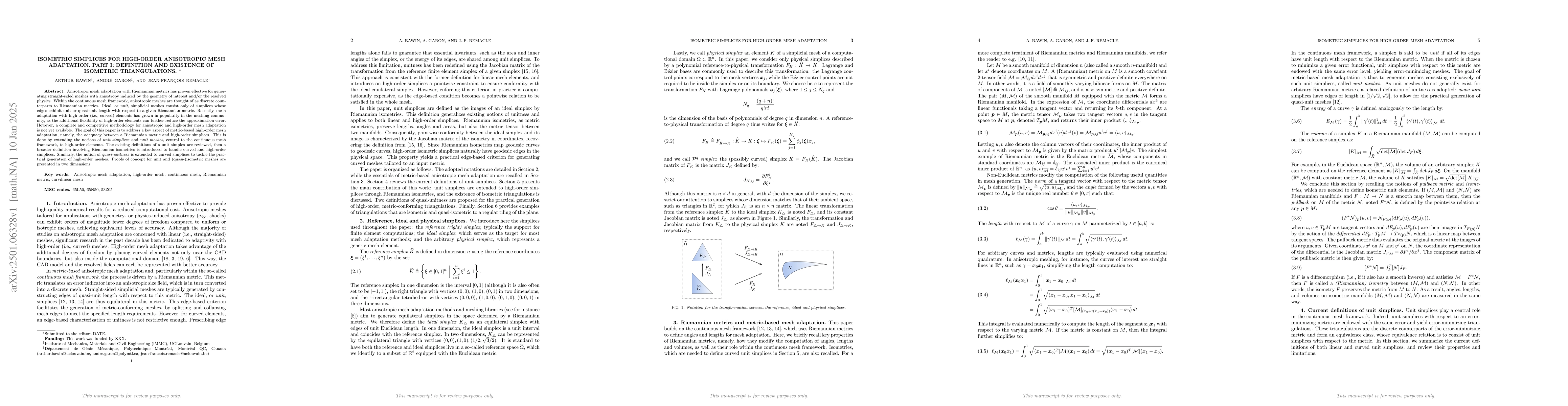 Thumbnail for Isometric simplices for high-order anisotropic mesh adaptation. Part I:
  Definition and existence of isometric triangulations