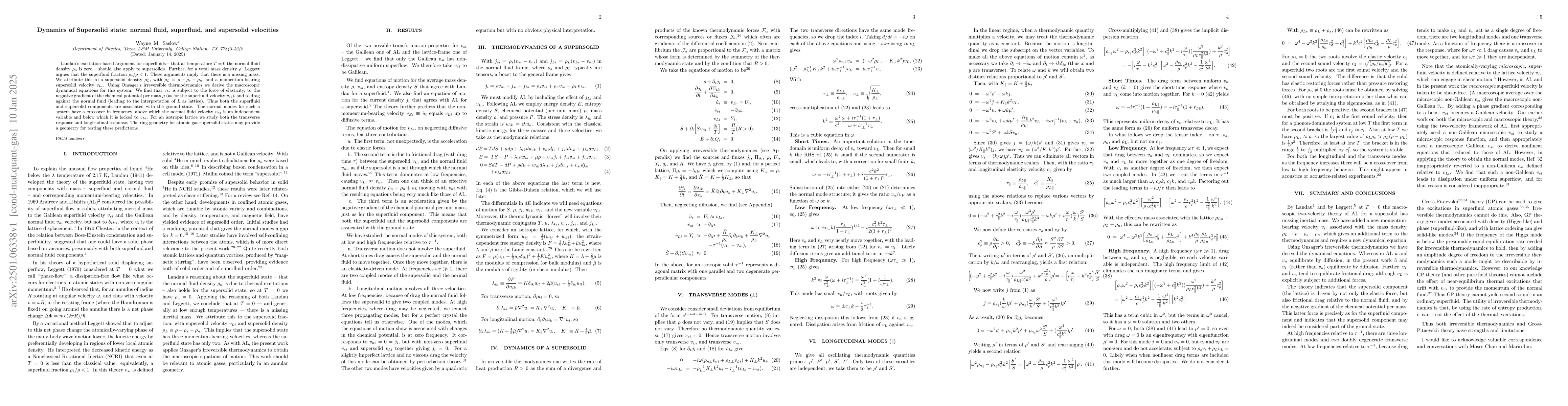 Thumbnail for Dynamics of Supersolid state: normal fluid, superfluid, and supersolid
  velocities