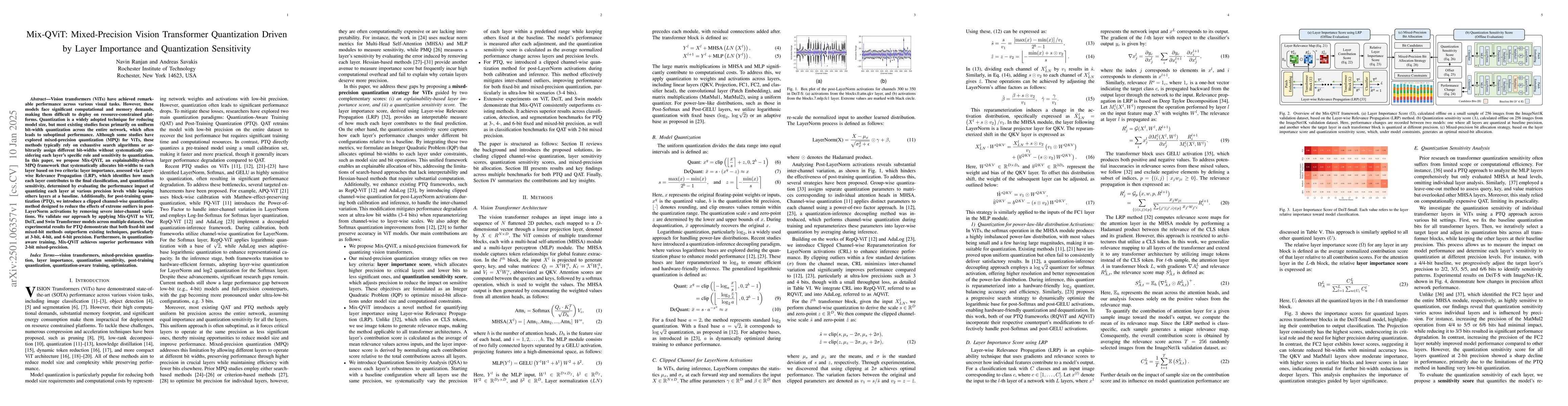 Thumbnail for Mix-QViT: Mixed-Precision Vision Transformer Quantization Driven by
  Layer Importance and Quantization Sensitivity