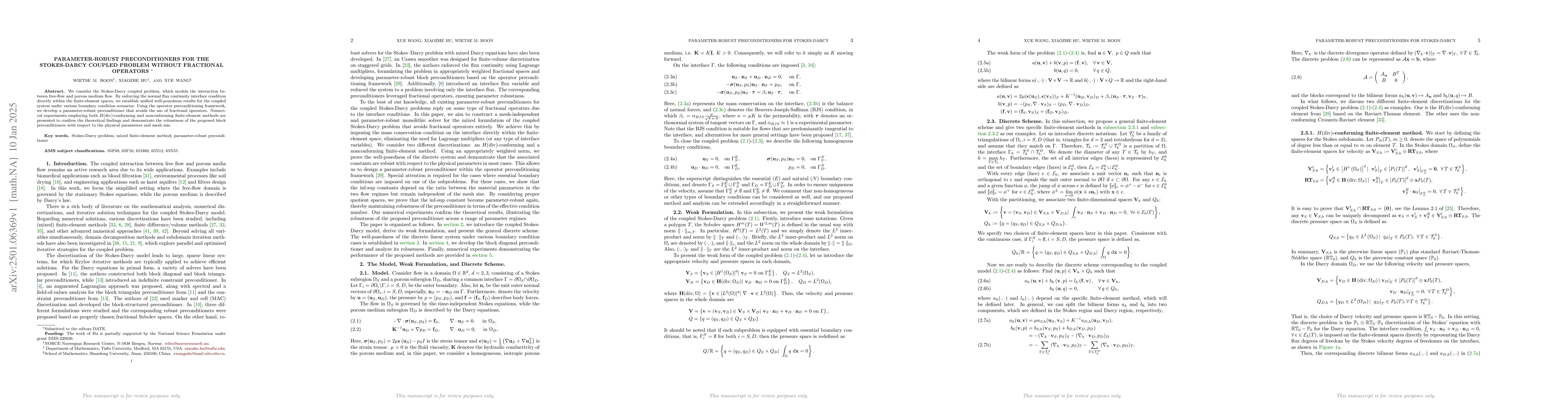 Thumbnail for Parameter-robust Preconditioners for the Stokes-Darcy Coupled Problem
  without Fractional Operators