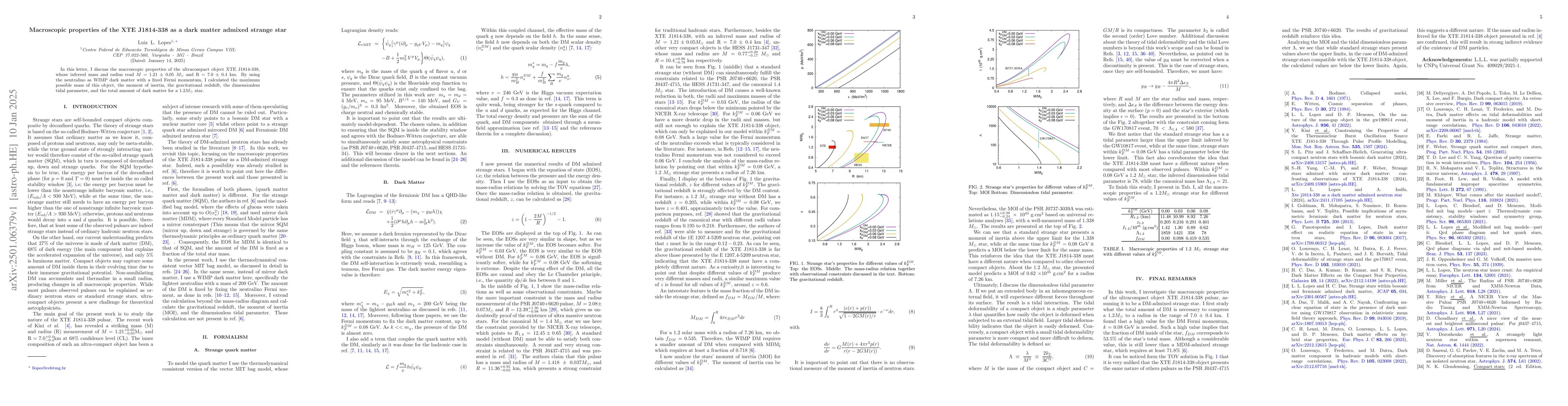Thumbnail for Macroscopic properties of the XTE J1814-338 as a dark matter admixed
  strange star