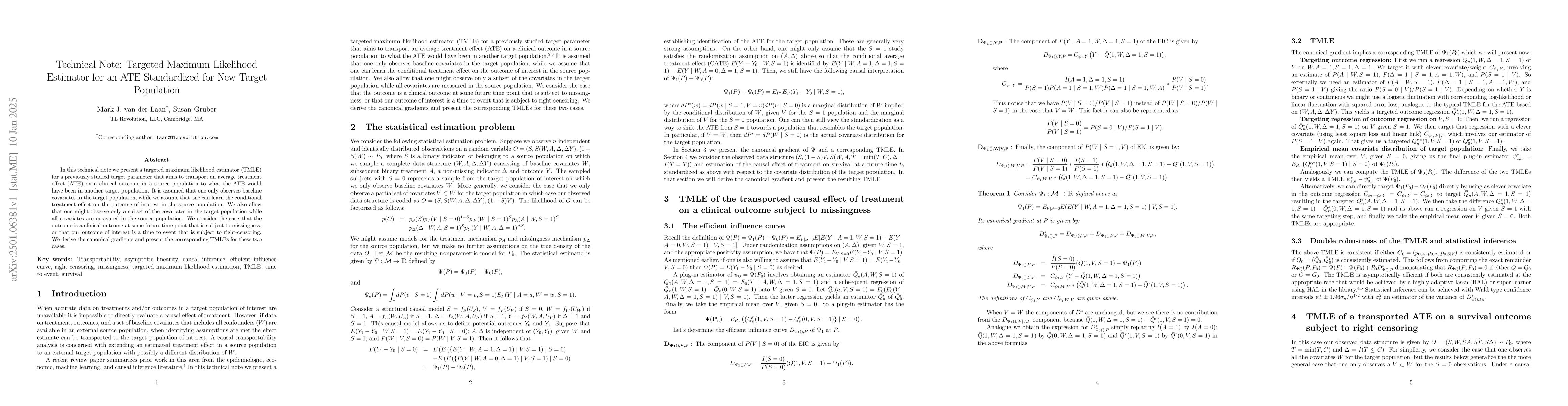 Thumbnail for Technical Note: Targeted Maximum Likelihood Estimator for an ATE
  Standardized for New Target Population