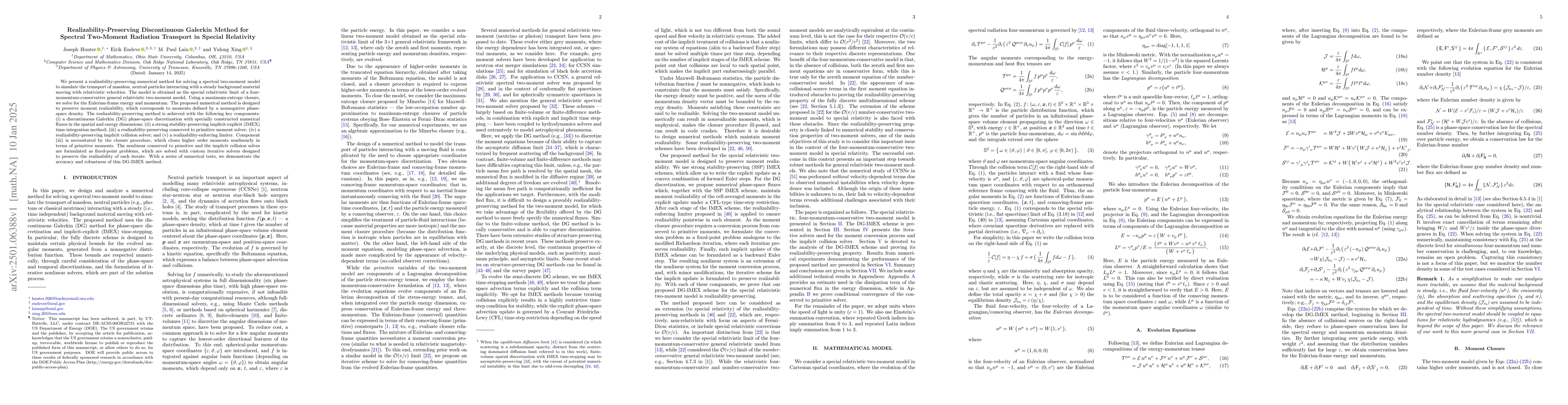 Thumbnail for Realizability-Preserving Discontinuous Galerkin Method for Spectral
  Two-Moment Radiation Transport in Special Relativity
