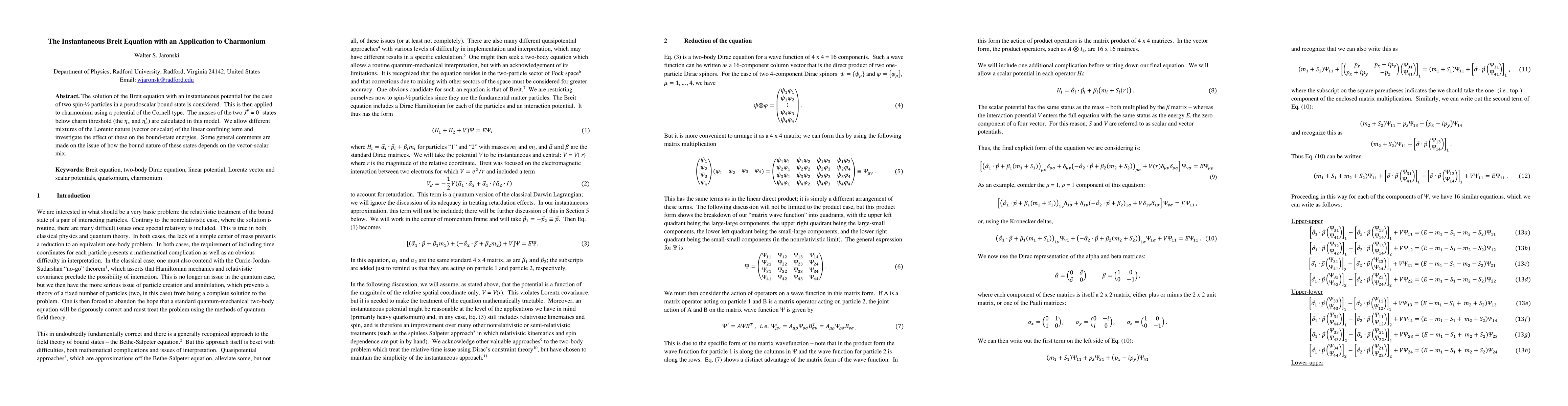 Thumbnail for The Instantaneous Breit Equation with an Application to Charmonium