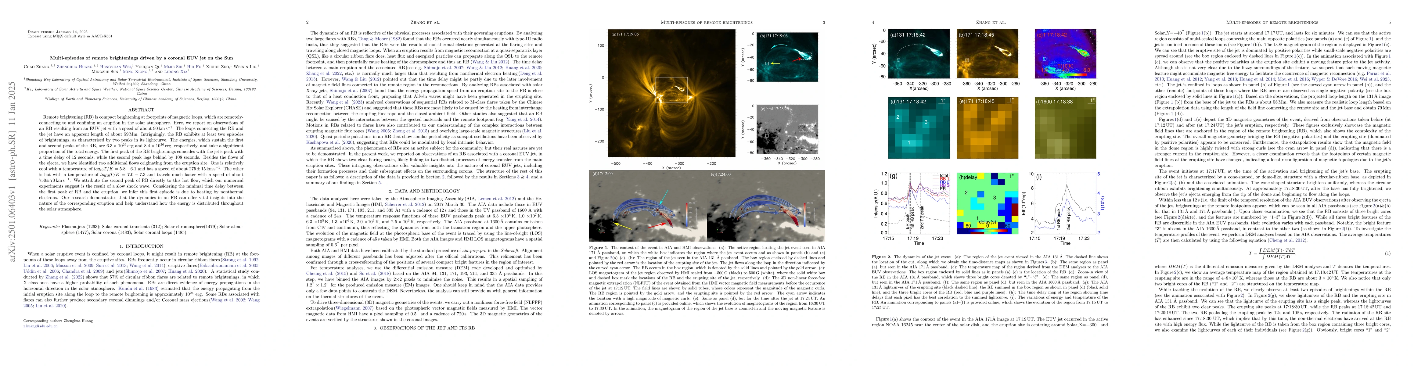 Thumbnail for Multi-episodes of remote brightenings driven by a coronal EUV jet on the
  Sun
