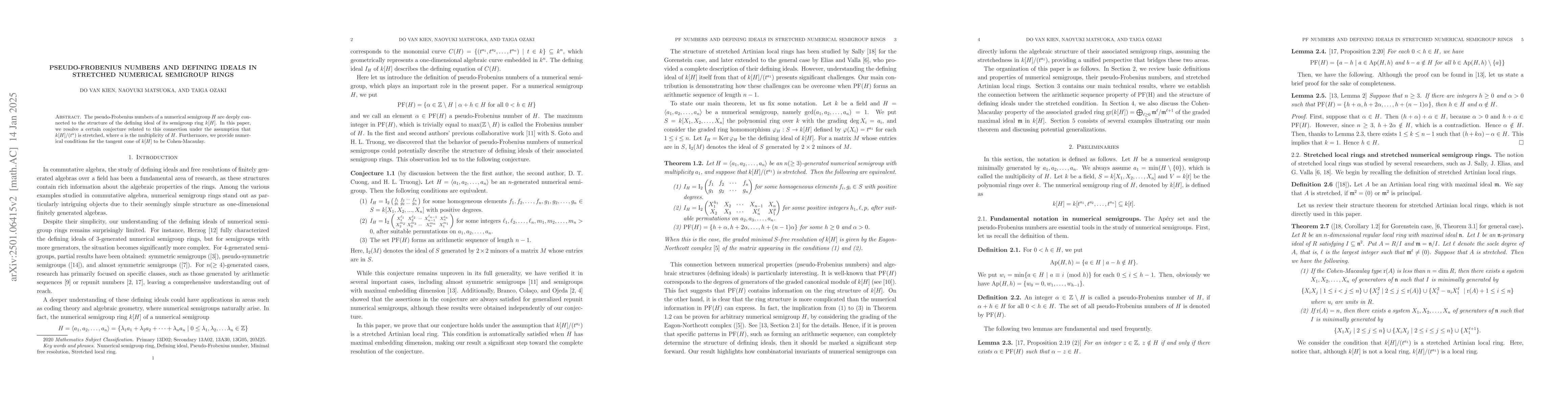 Thumbnail for Pseudo-Frobenius numbers and defining ideals in stretched numerical
  semigroup rings