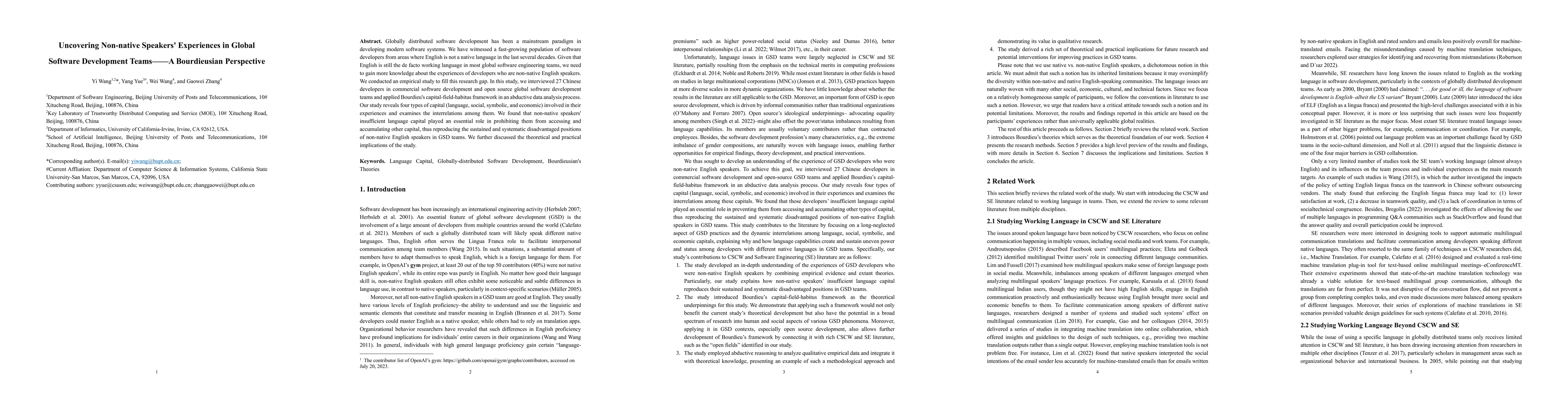 Thumbnail for Uncovering Non-native Speakers' Experiences in Global Software
  Development Teams -- A Bourdieusian Perspective